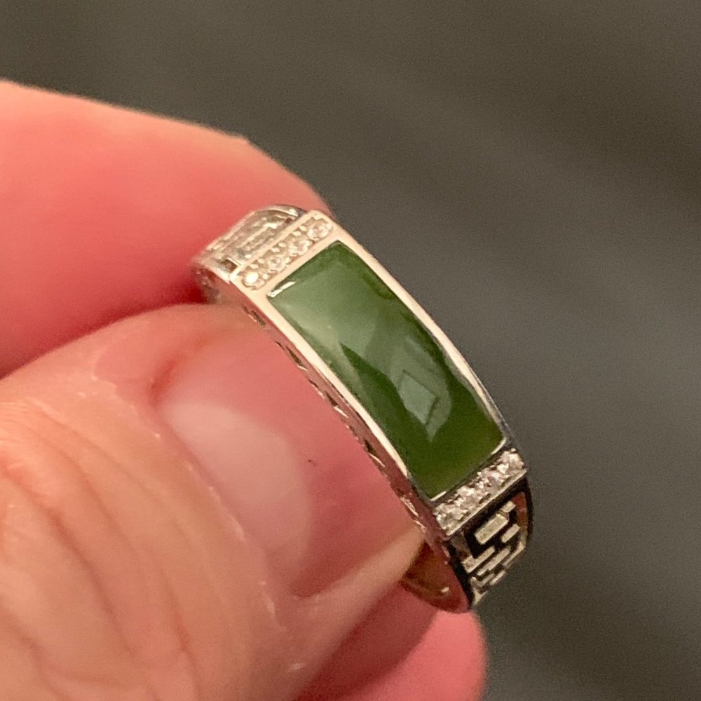 Adjustable Rectangular Natural Green Jade Ring 925 Sterling Silver